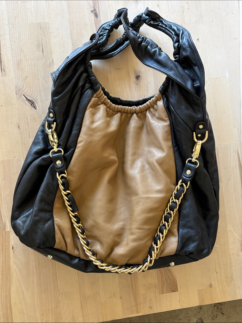 Soft Two-Tone Black and Tan Shoulder Bag with Gold Chain